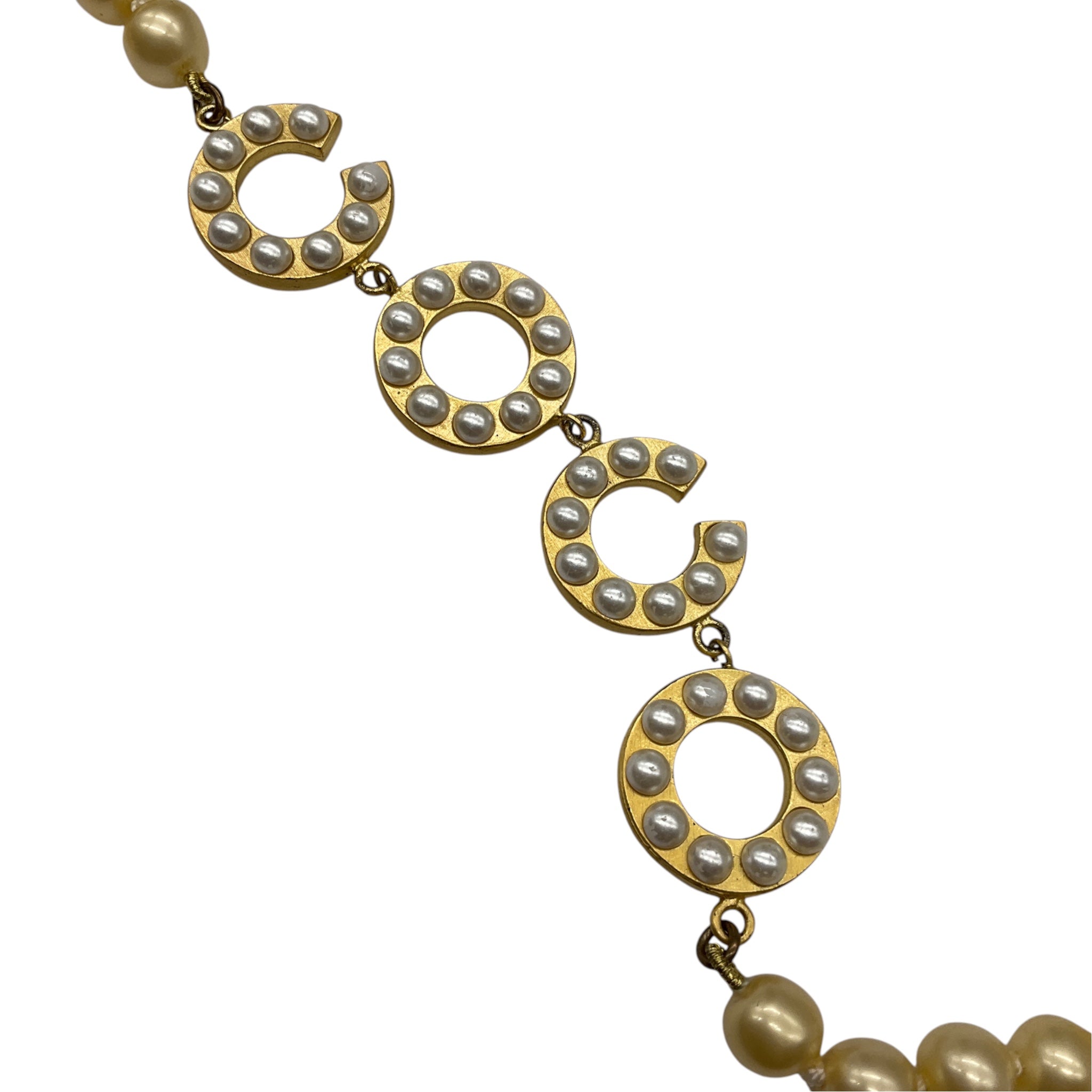 Chanel Vintage 2001 Cream Coco CC Logo Pearl Long Strand Necklace with Gold-tone Hardware