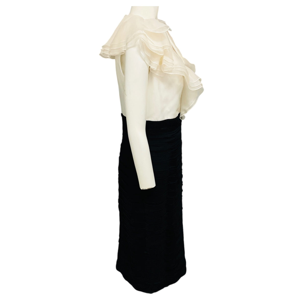 Tadashi Shoji Ivory / Black Ruffled Two-Tone Colorblock Silk Midi Cocktail Dress