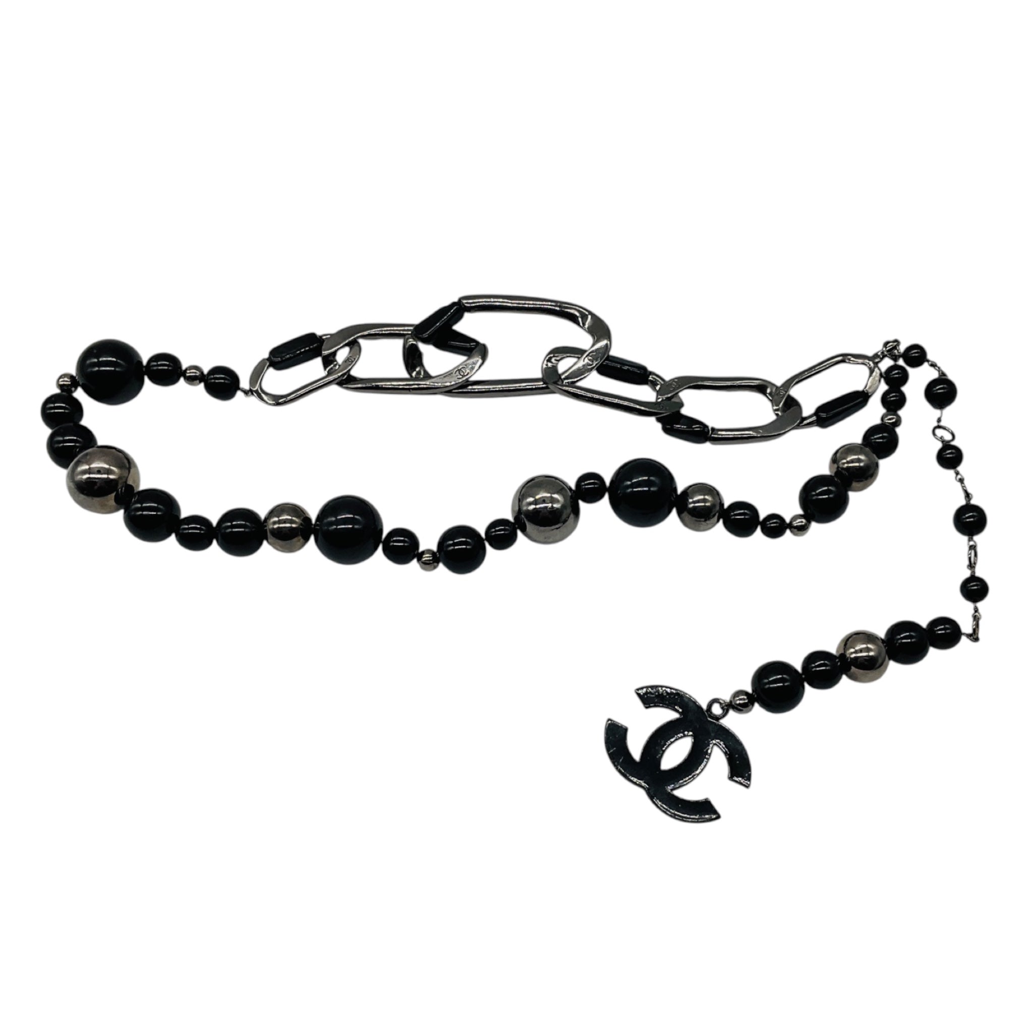 Chanel Gunmetal / Black 2003 Large Bead and CC Logo Pendant Chain Belt