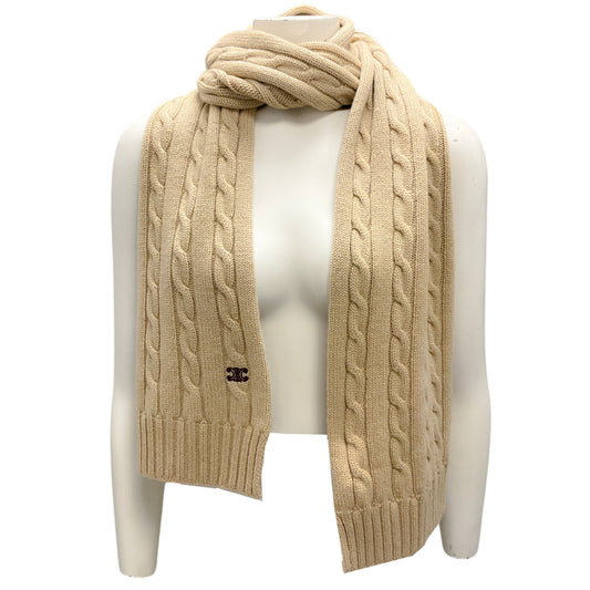 Celine Tan Cable Knit Cashmere Triomphe Scarf