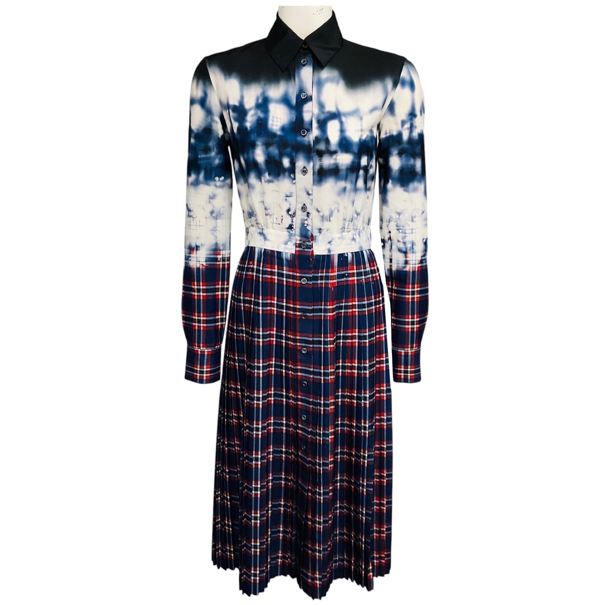 Altuzarra Blue / Black / White / Red Maria Tie Dye Check Print Shirtdress