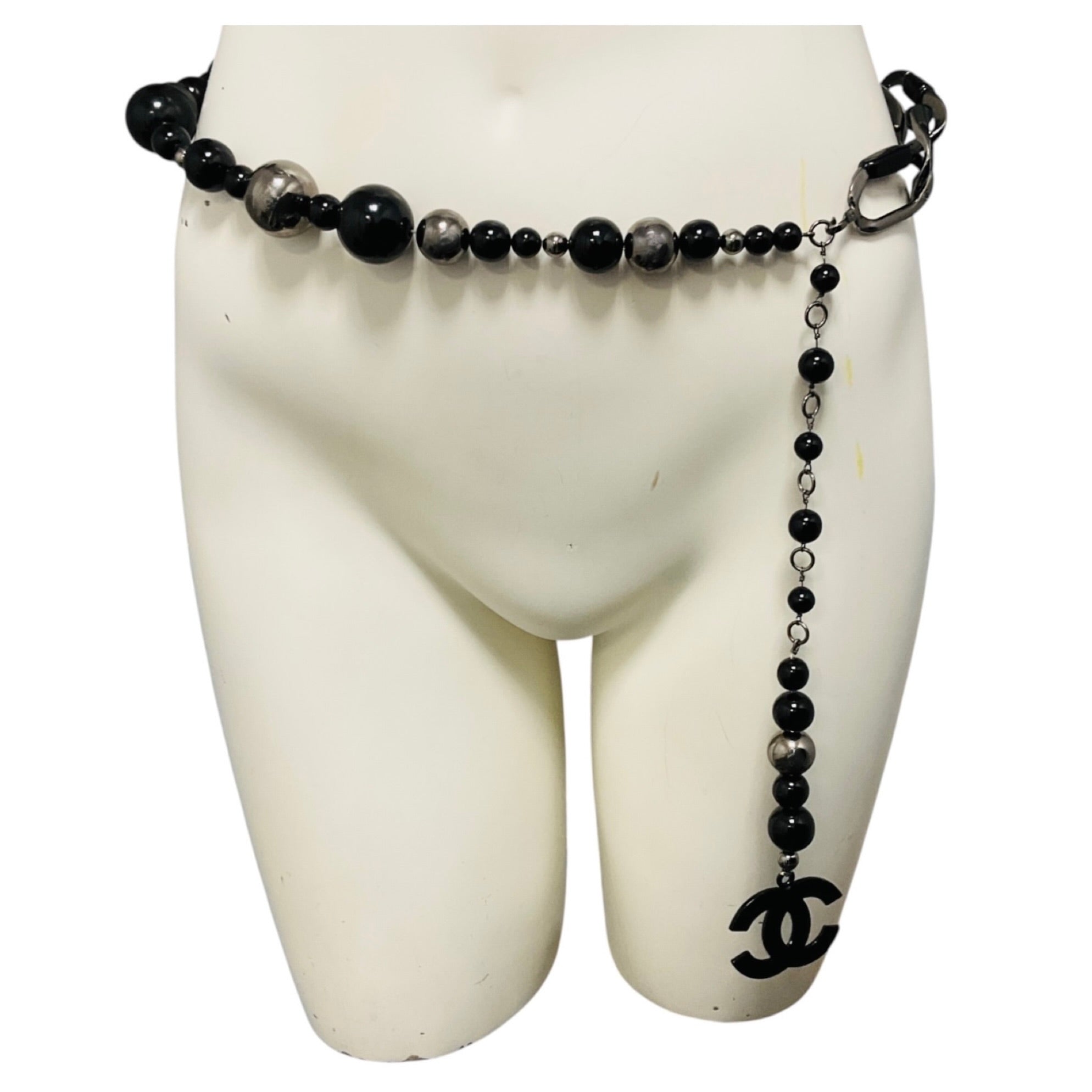 Chanel Gunmetal / Black 2003 Large Bead and CC Logo Pendant Chain Belt