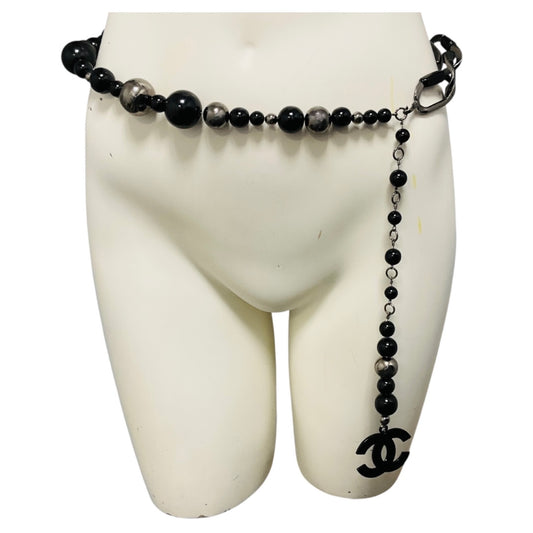 Chanel Gunmetal / Black 2003 Large Bead and CC Logo Pendant Chain Belt