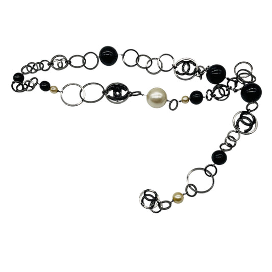 Chanel Gunmetal / Cream / Black 2003 CC Logo Pendant, Imitation Pearl, and Large Bead Ring Chain Belt