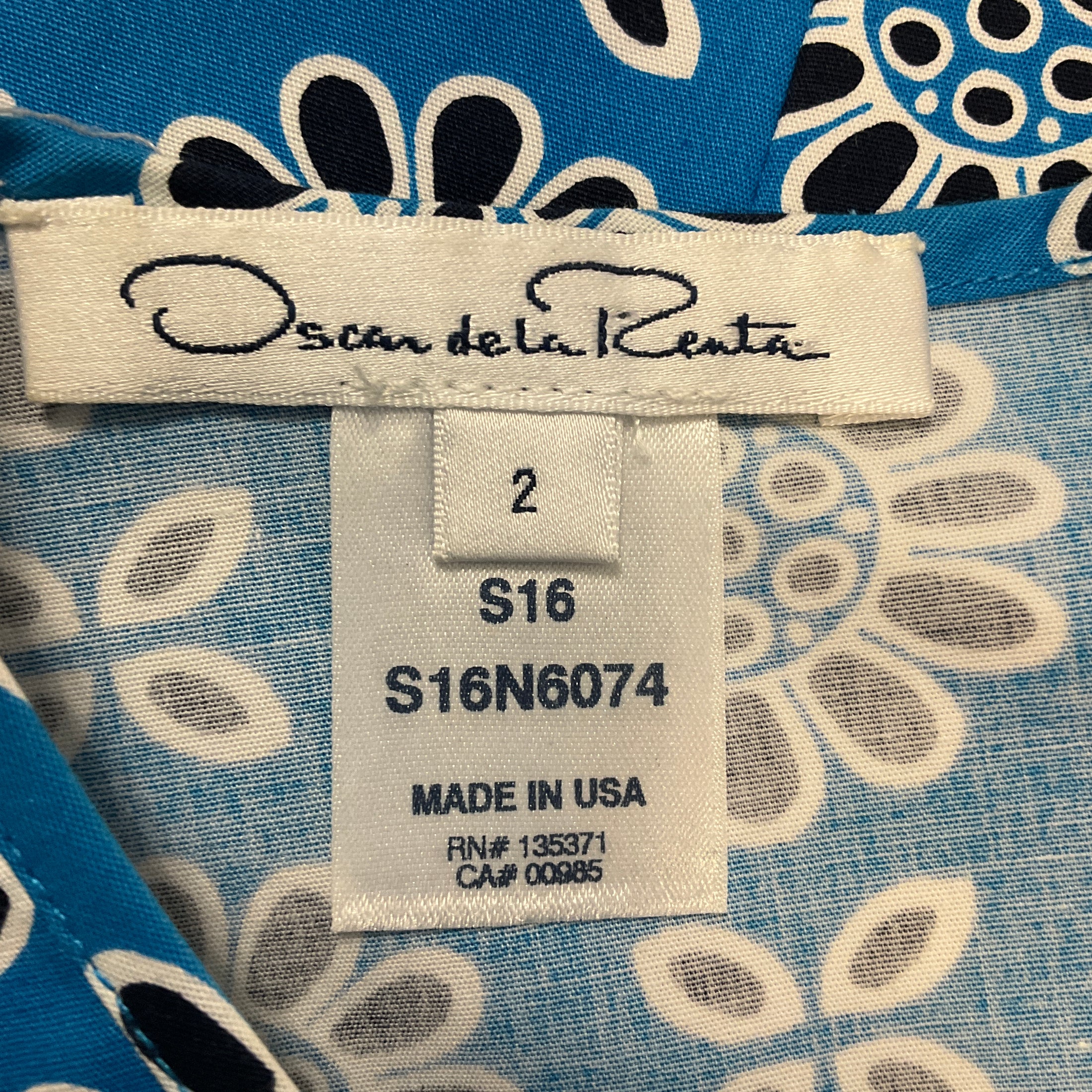 Oscar de la Renta Blue / White / Navy Floral Print Sleeveless Cotton Dress