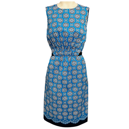Oscar de la Renta Blue / White / Navy Floral Print Sleeveless Cotton Dress