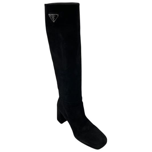 Prada Black / Silver Logo Plaque Heeled Tall Suede Leather Boots