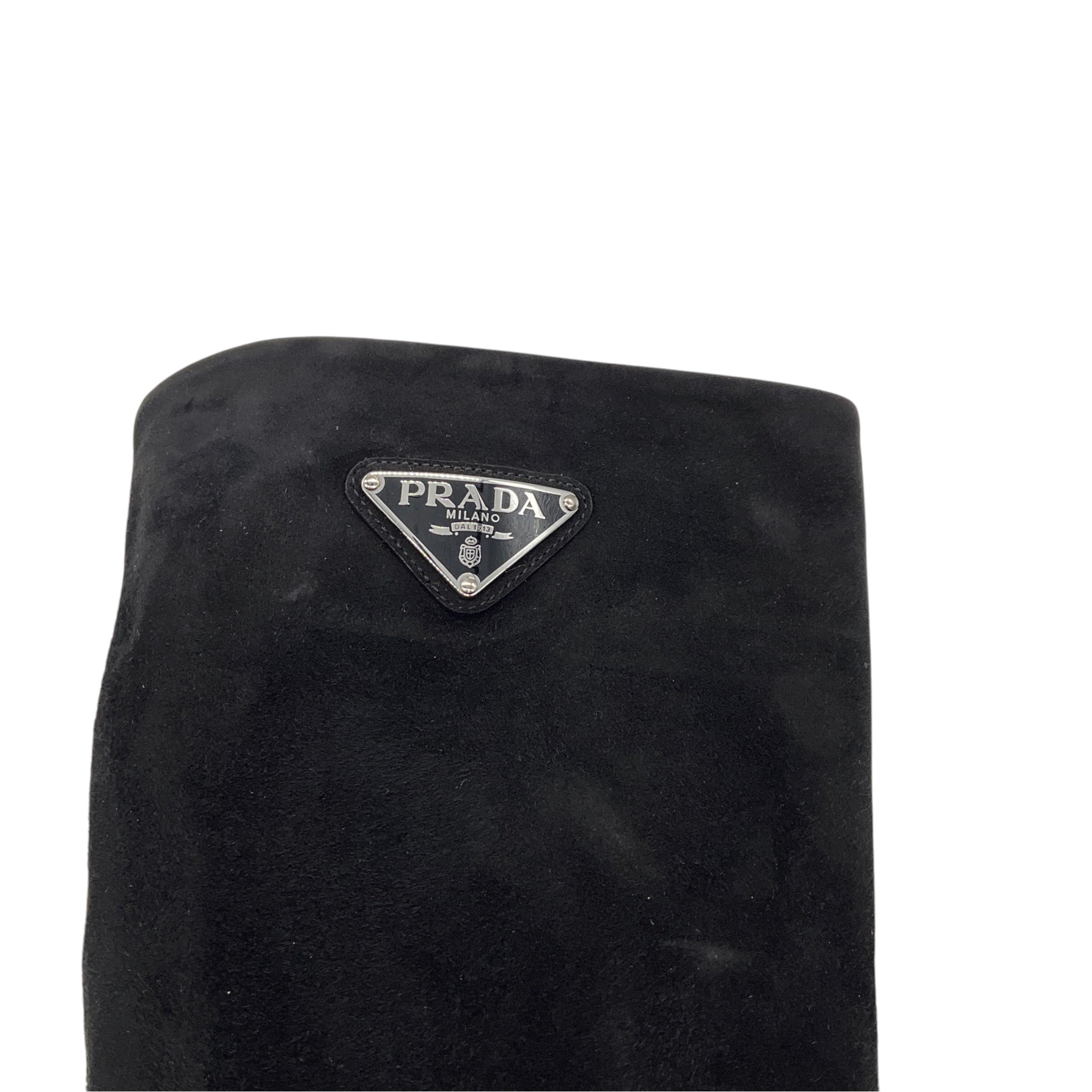 Prada Black / Silver Logo Plaque Heeled Tall Suede Leather Boots