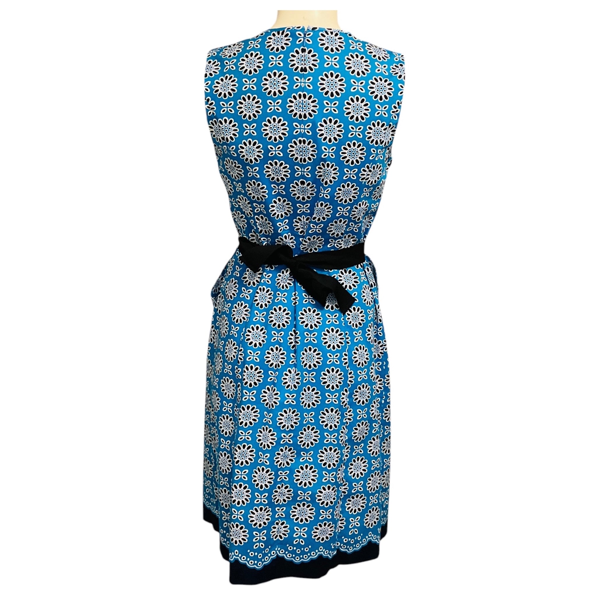 Oscar de la Renta Blue / White / Navy Floral Print Sleeveless Cotton Dress