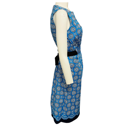 Oscar de la Renta Blue / White / Navy Floral Print Sleeveless Cotton Dress