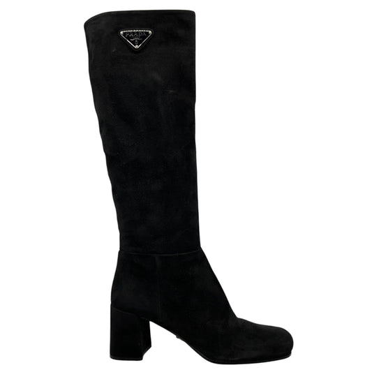 Prada Black / Silver Logo Plaque Heeled Tall Suede Leather Boots