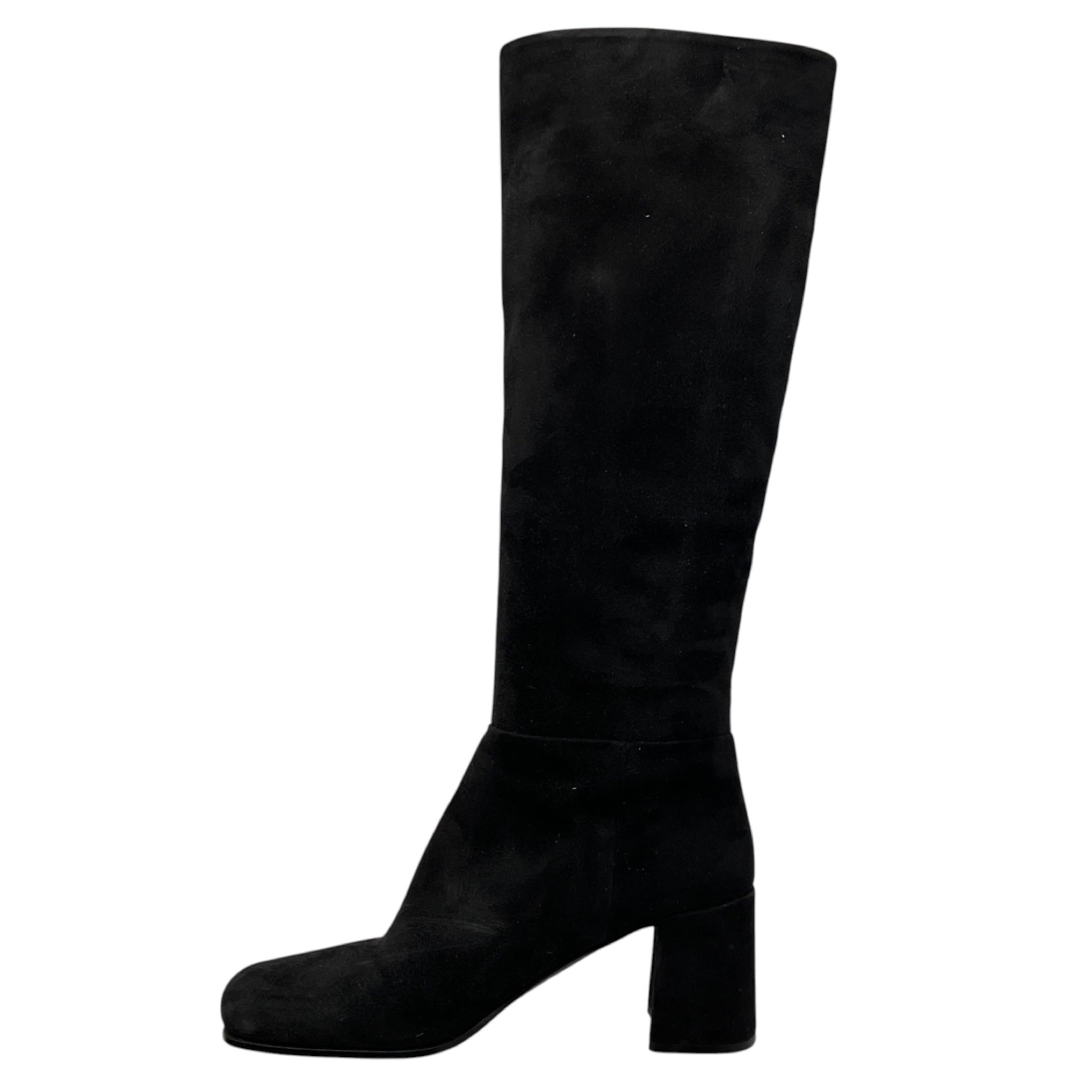 Prada Black / Silver Logo Plaque Heeled Tall Suede Leather Boots