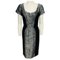 Load image into Gallery viewer, Carolina Herrera Black / Silver Metallic Short Sleeved Silk Jacquard Midi Cocktail Dress 

