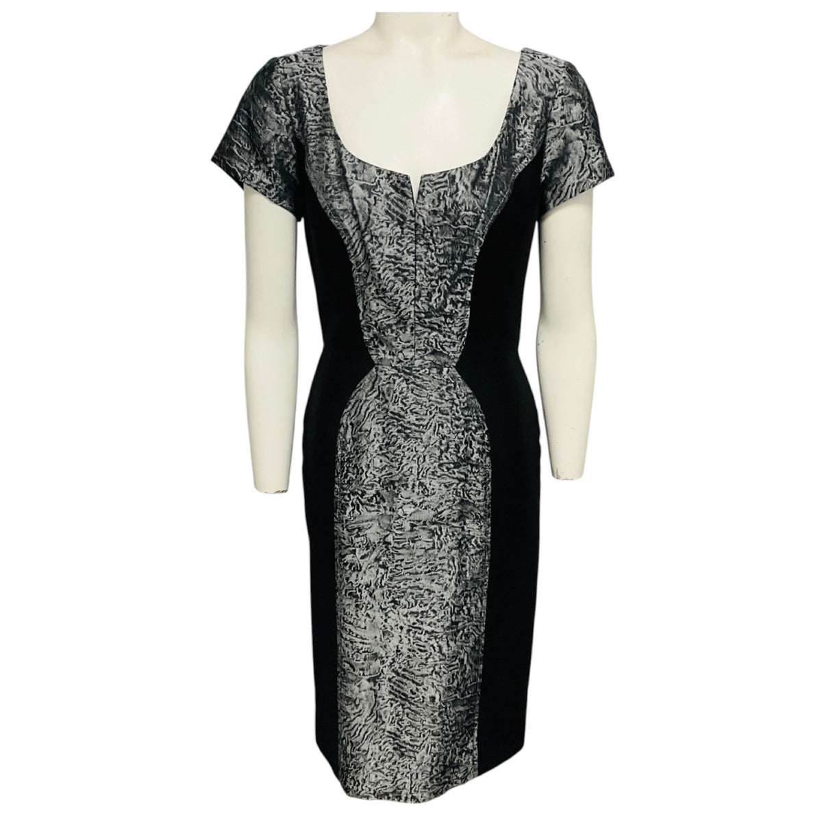 Carolina Herrera Black / Silver Metallic Short Sleeved Silk Jacquard Midi Cocktail Dress 