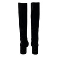 Load image into Gallery viewer, Prada Black / Silver Logo Plaque Heeled Tall Suede Leather Boots
