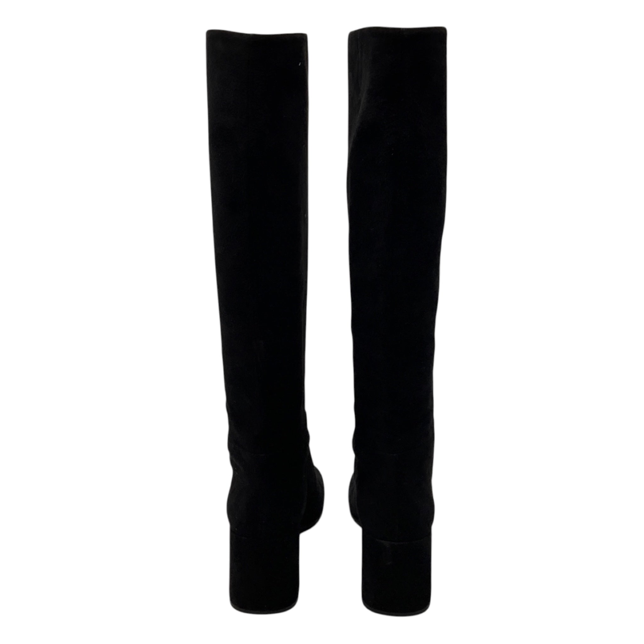Prada Black / Silver Logo Plaque Heeled Tall Suede Leather Boots