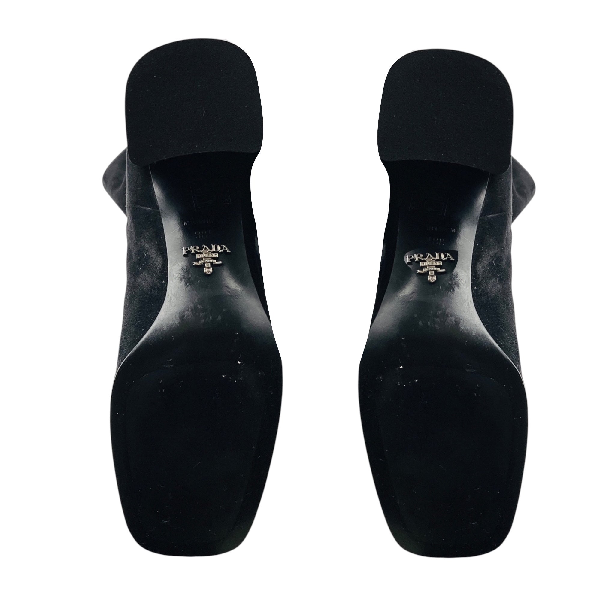 Prada Black / Silver Logo Plaque Heeled Tall Suede Leather Boots