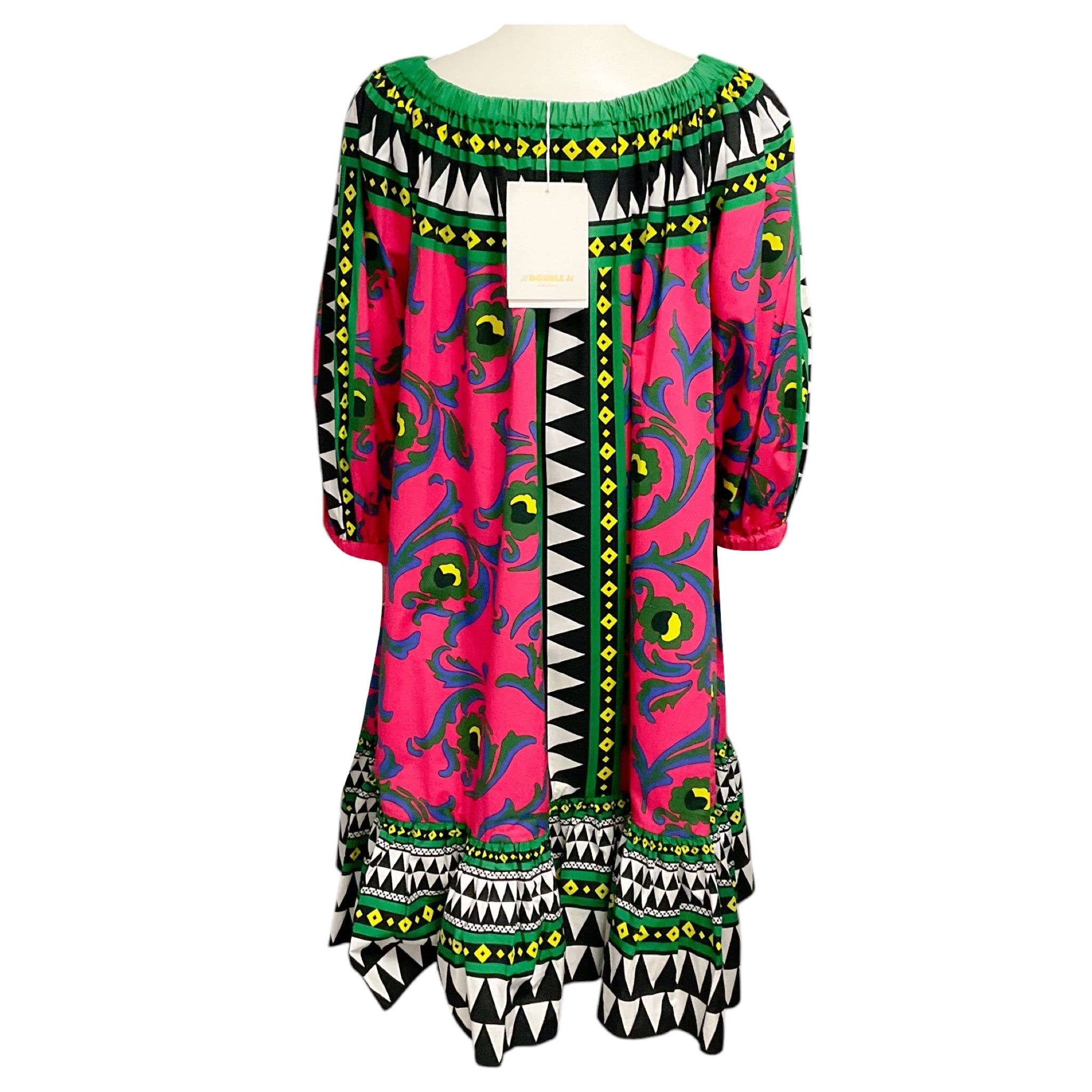 La DoubleJ Pink / Green Multi Cartwheel Fuxia Print Popeline Cotton Short Paloma Dress