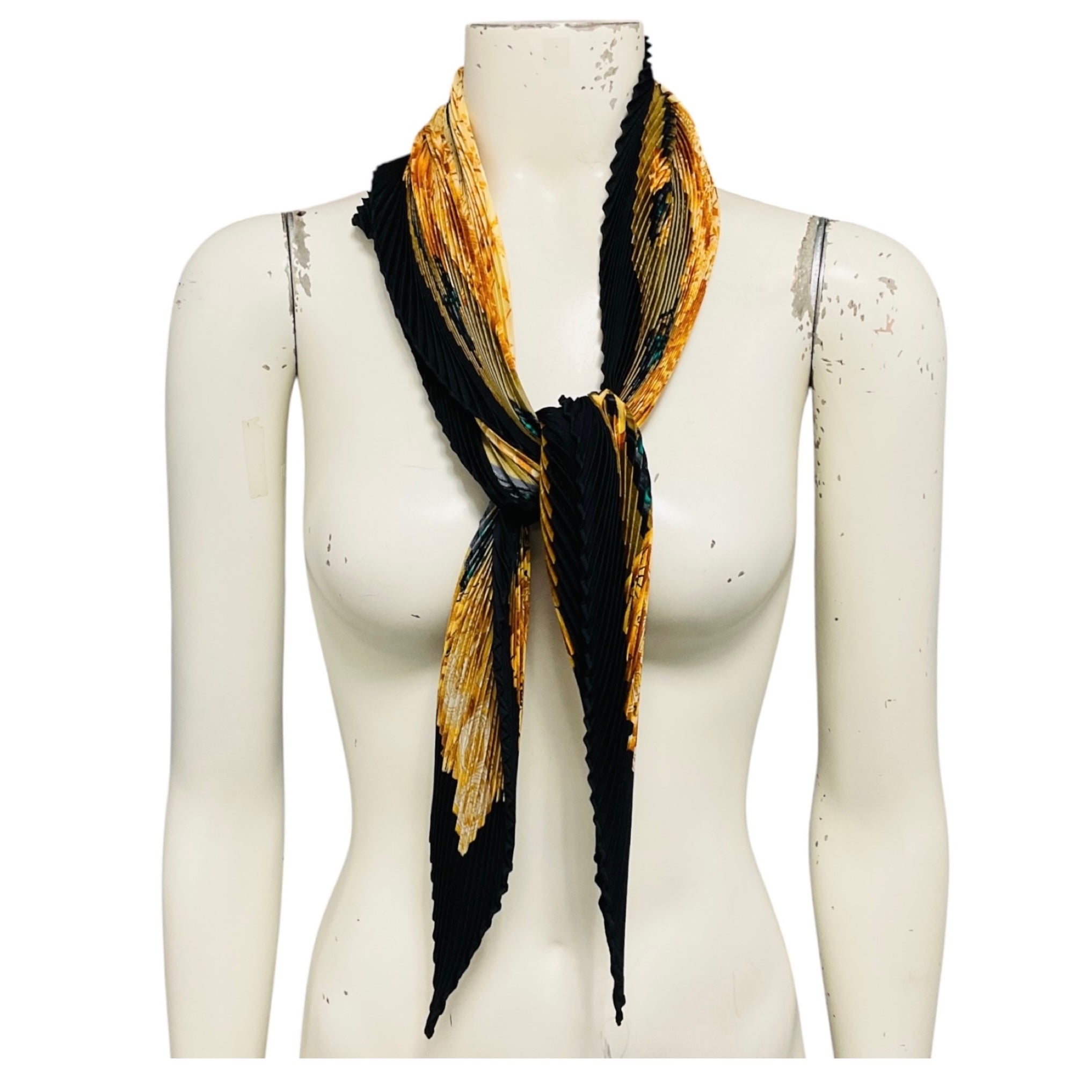 Hermes Black Multi Azulejos Print Plisse Pleated Silk Twill Scarf