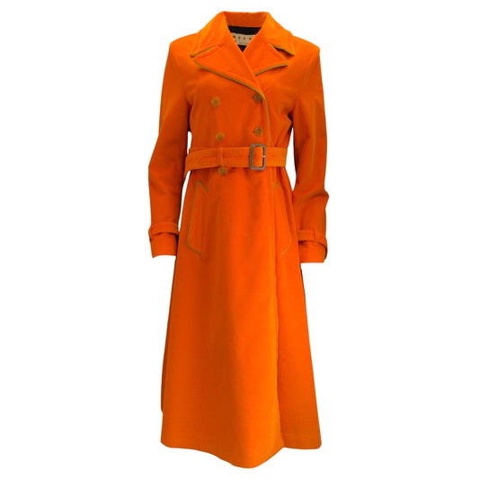 Marni Orange 2022 Belted Double Breasted Lambskin Leather Trimmed Mid-Length Corduroy Coat