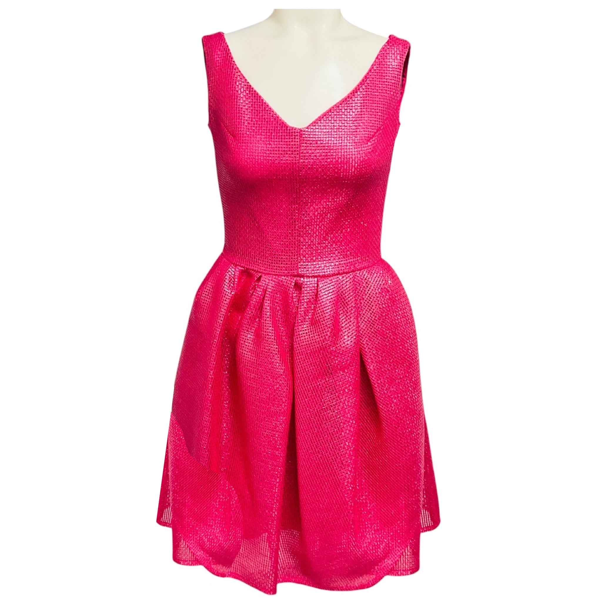 Carven Pink Woven Sleeveless V-Neck Flared Cocktail Dress
