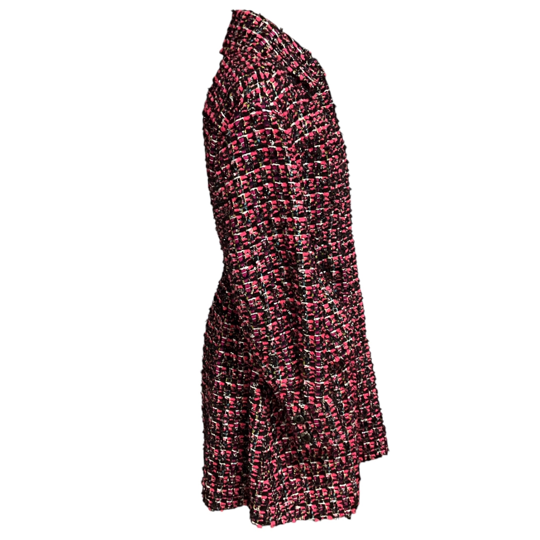 Chanel Pink / Black Multi Silk Lined Wool Tweed Coat with CC Logo Globe Buttons