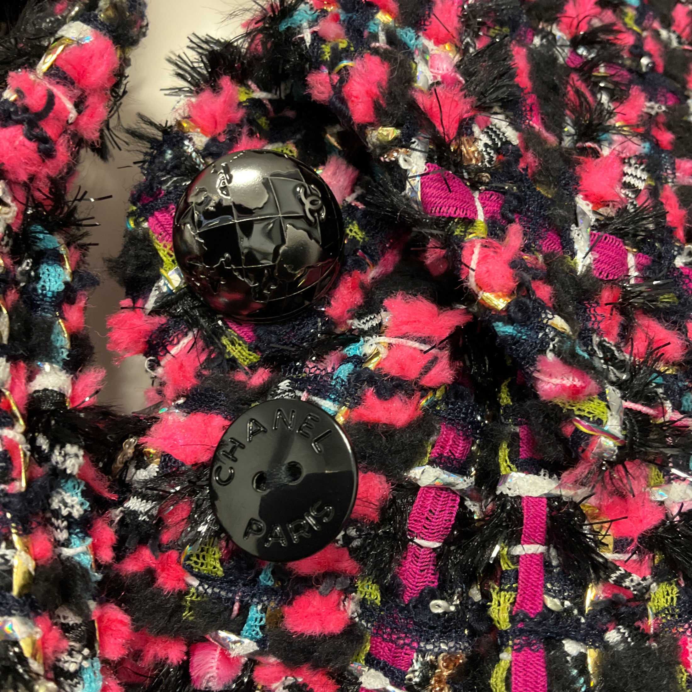 Chanel Pink / Black Multi Silk Lined Wool Tweed Coat with CC Logo Globe Buttons