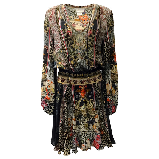 Camilla Multi Print Dress with Ruched Waist and Rhinestone Neckline