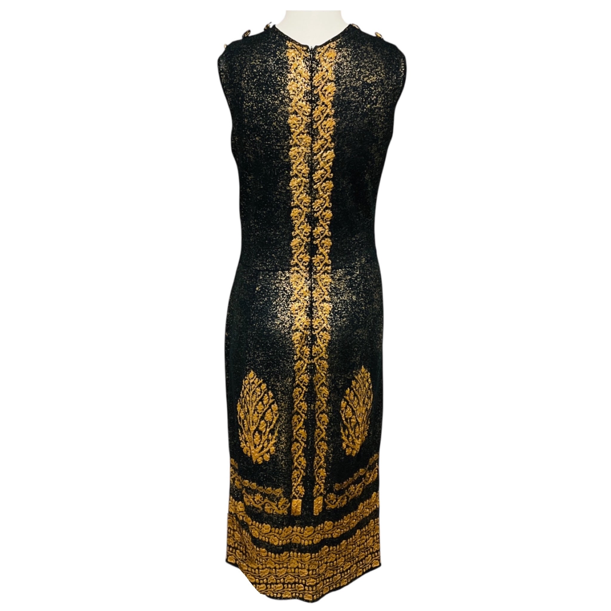Chanel Gold Metallic / Black Paris Venice Runway 2010 Shimmering Baroque Sleeveless Knit Midi Dress with CC Logo Jewel Buttons