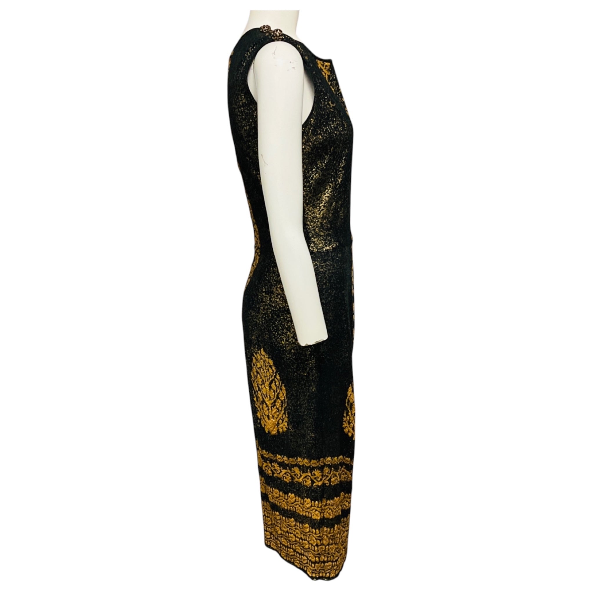 Chanel Gold Metallic / Black Paris Venice Runway 2010 Shimmering Baroque Sleeveless Knit Midi Dress with CC Logo Jewel Buttons