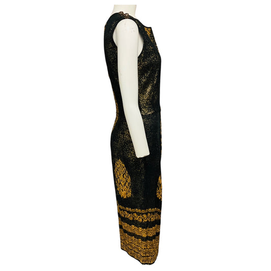 Chanel Gold Metallic / Black Paris Venice Runway 2010 Shimmering Baroque Sleeveless Knit Midi Dress with CC Logo Jewel Buttons
