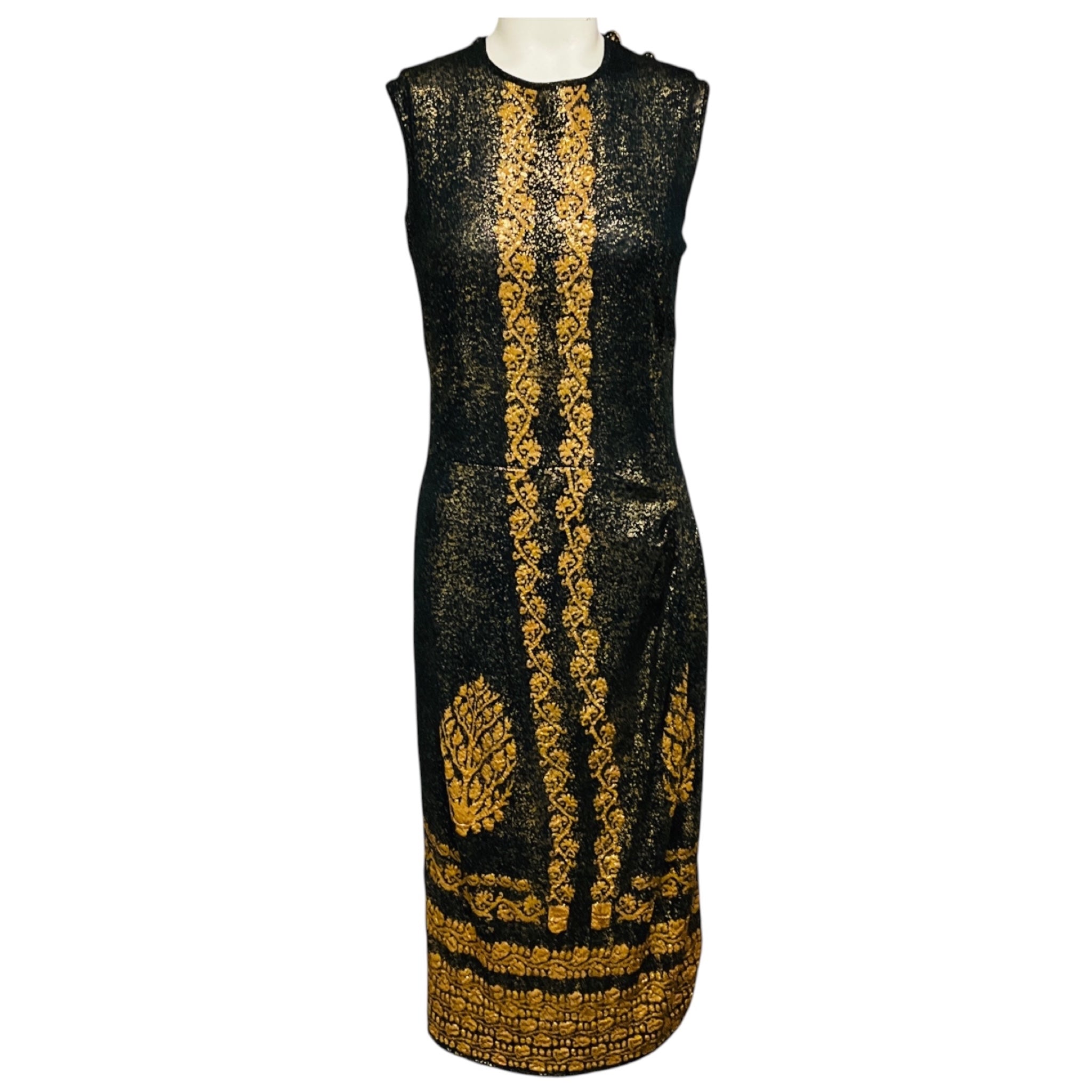 Chanel Gold Metallic / Black Paris Venice Runway 2010 Shimmering Baroque Sleeveless Knit Midi Dress with CC Logo Jewel Buttons