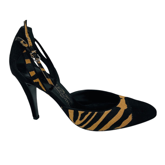 Salvatore Ferragamo Tan / Black Animal Print Patterned Calf Hair Ankle Strap Pumps with Black Suede Cap Toe