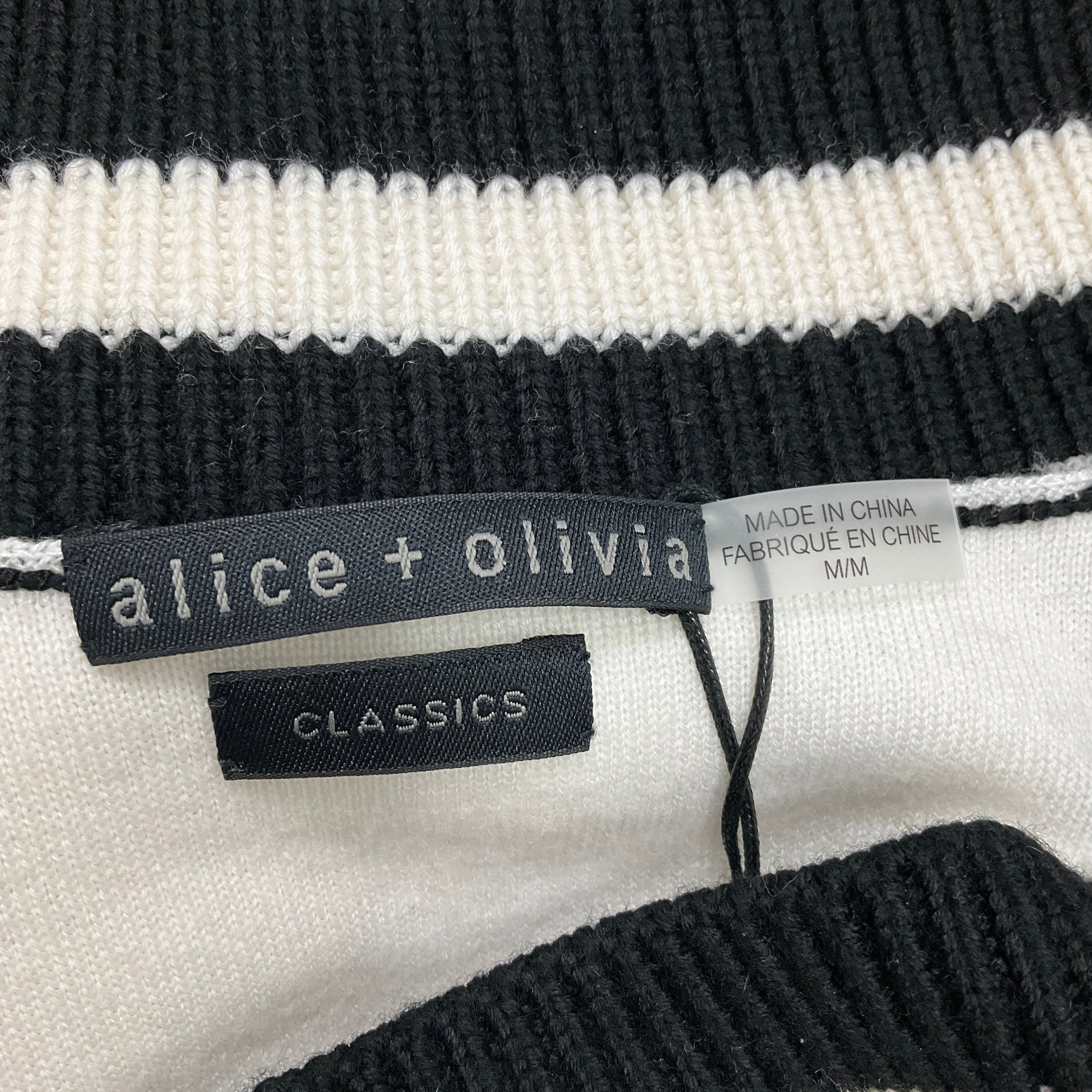 Alice + Olivia Ecru / Black Long Sleeved V-Neck Wool Knit Sweater