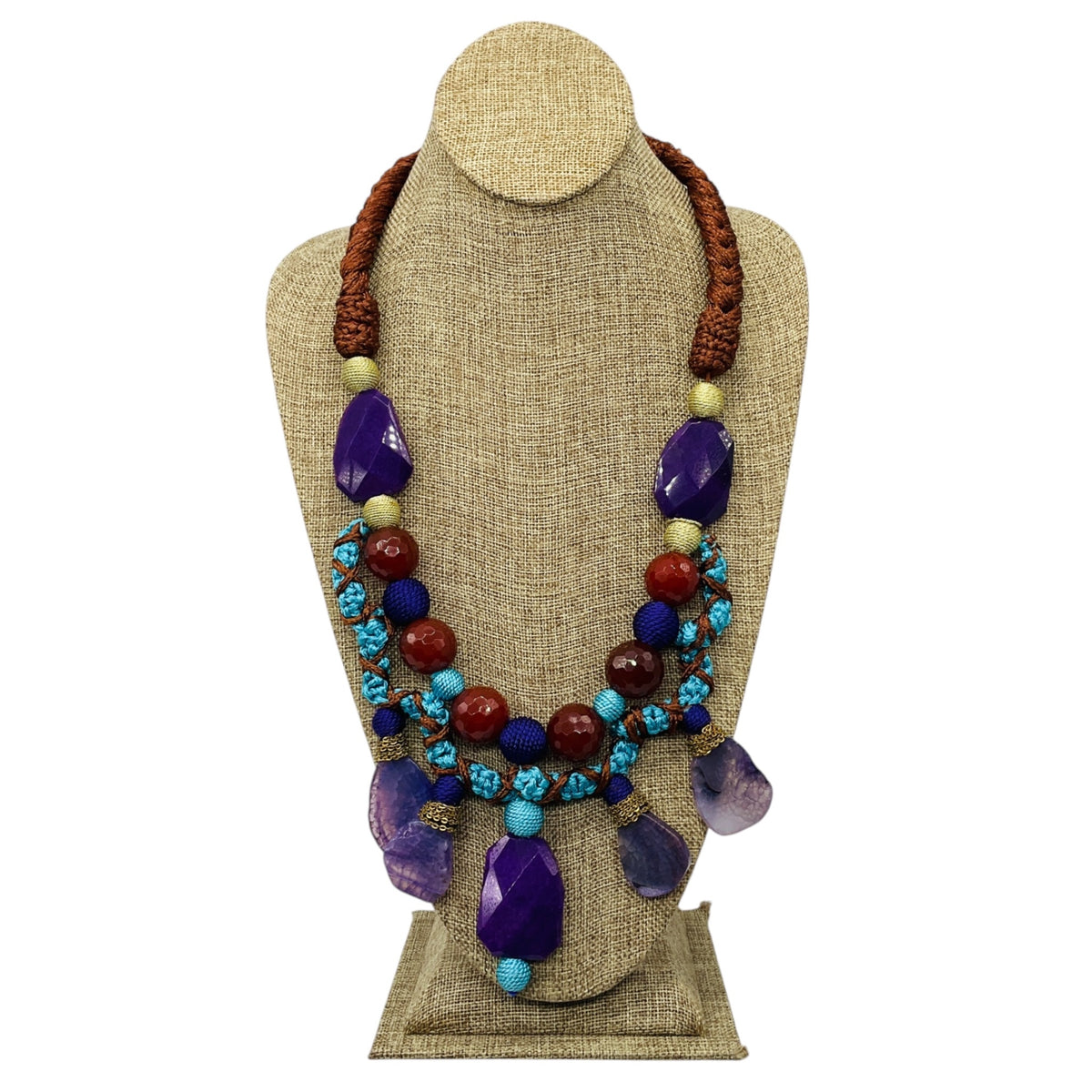 Oscar de la Renta Purple / Brown Multi Stone Embellished Rope Chain Necklace