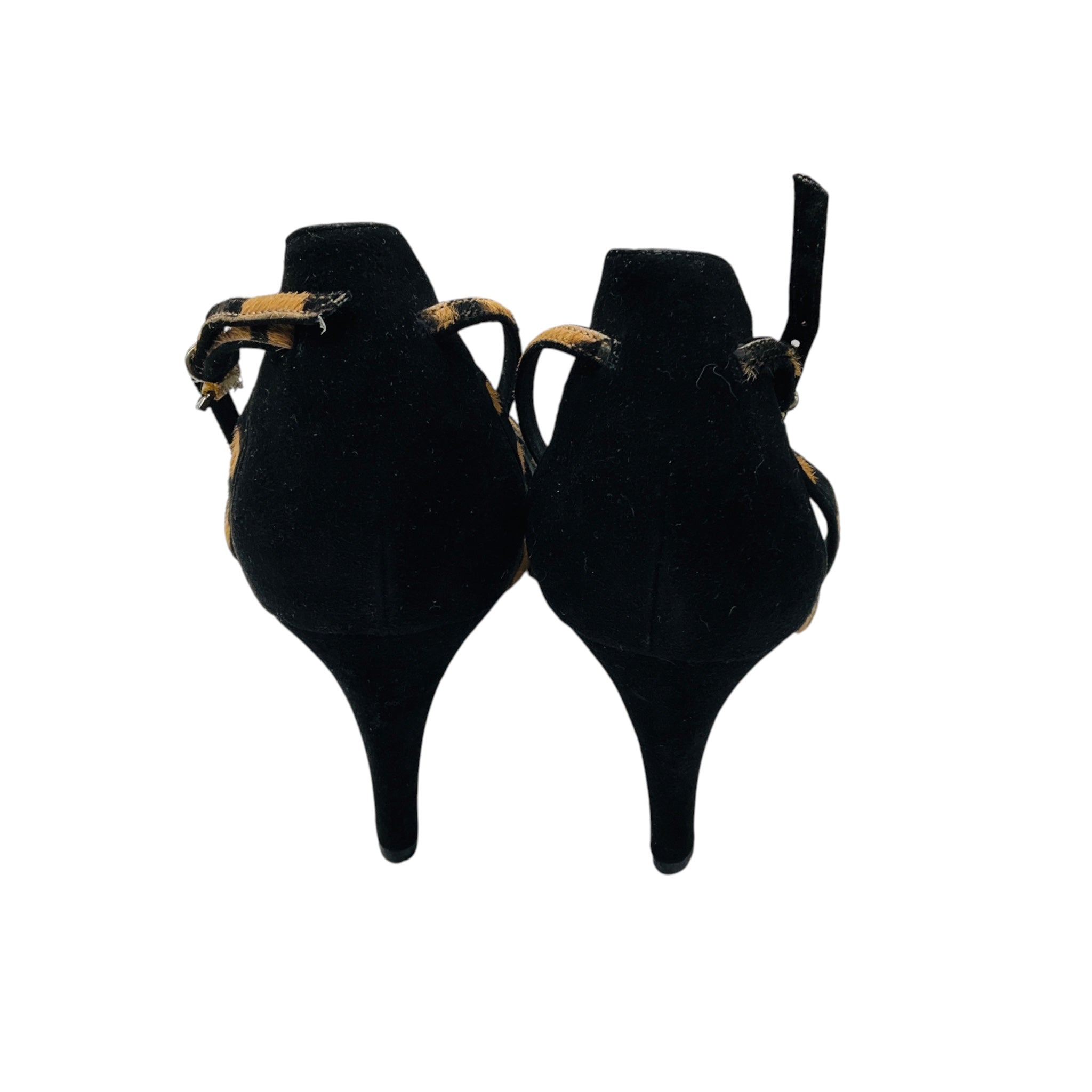 Salvatore Ferragamo Tan / Black Animal Print Patterned Calf Hair Ankle Strap Pumps with Black Suede Cap Toe