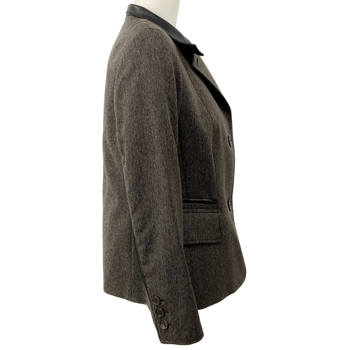 Akris Punto Brown Herringbone Tweed Jacket with Leather Collar