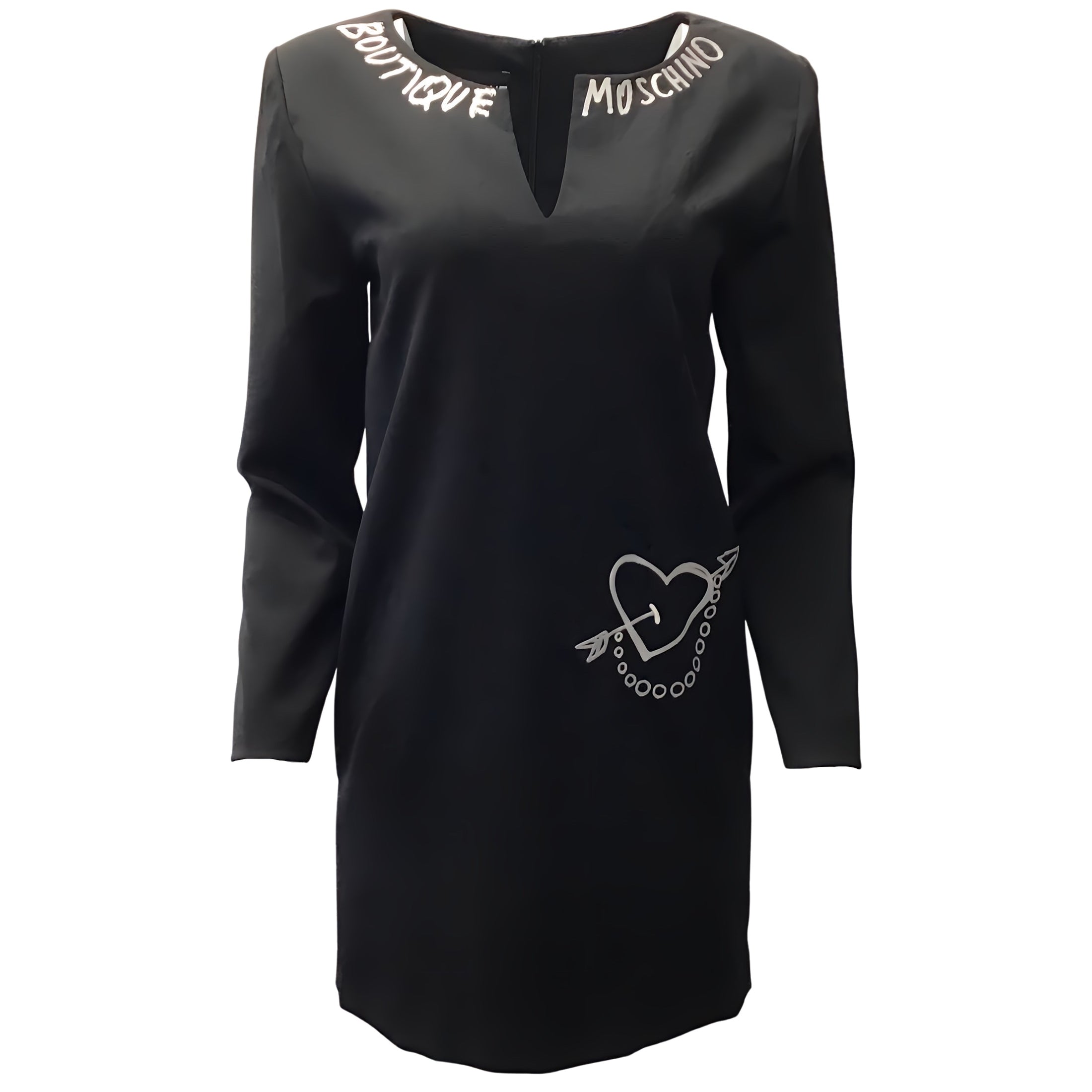 Boutique Moschino Black Wool Shift Dress with White Embroidery and Heart