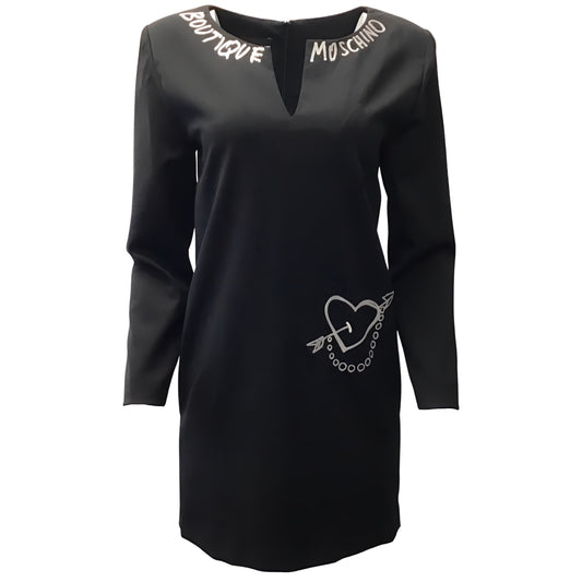 Boutique Moschino Black Wool Shift Dress with White Embroidery and Heart