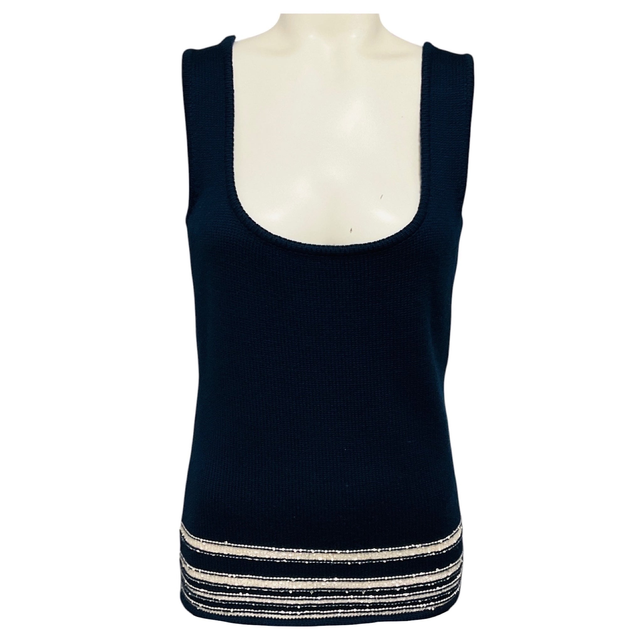 Carolina Herrera Navy Blue / Ivory Sequined Wool and Silk Knit Cardigan and Tank Top Set
