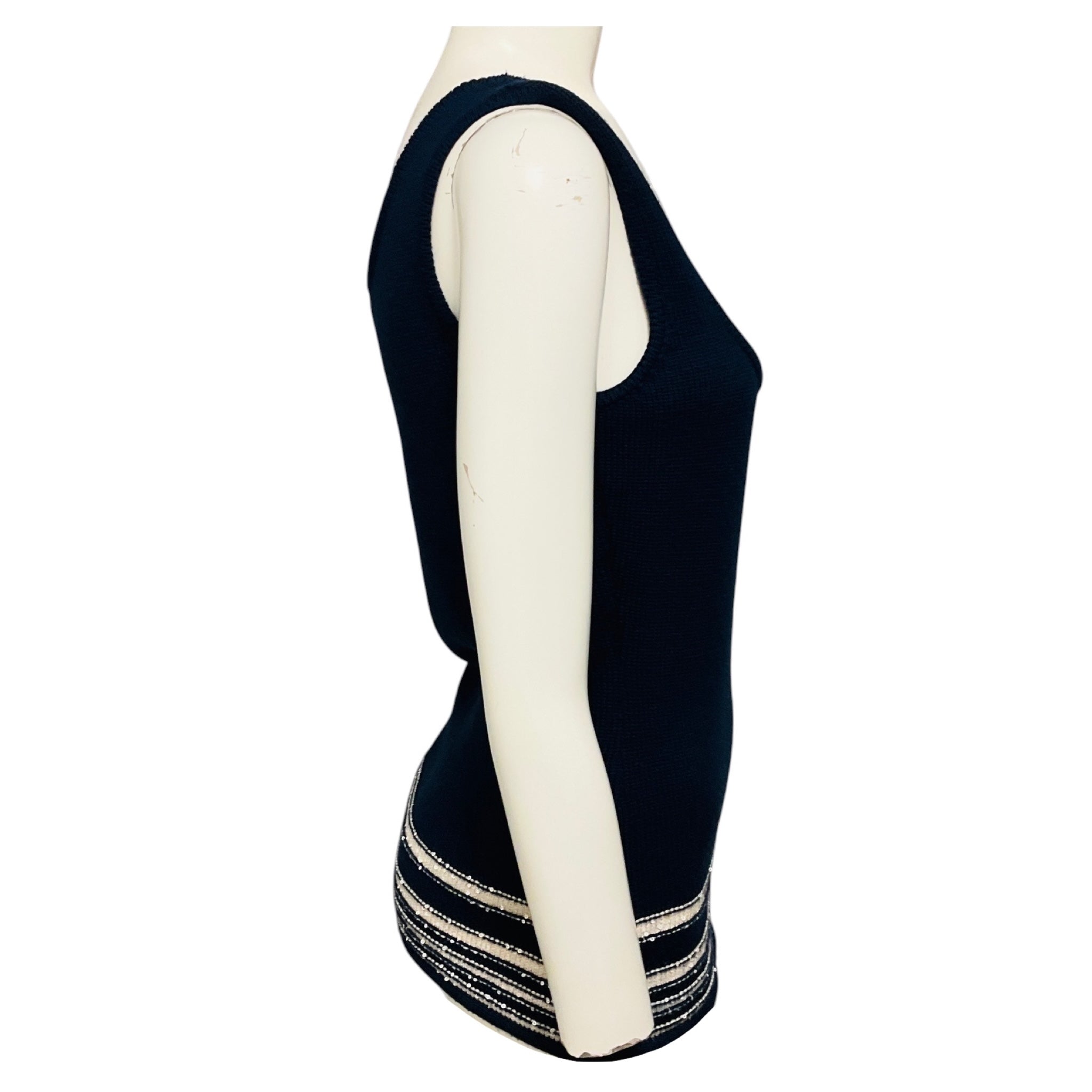 Carolina Herrera Navy Blue / Ivory Sequined Wool and Silk Knit Cardigan and Tank Top Set