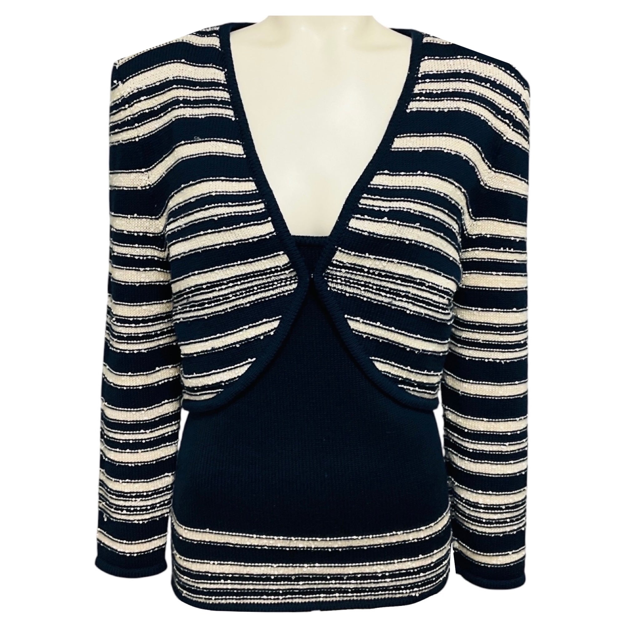 Carolina Herrera Navy Blue / Ivory Sequined Wool and Silk Knit Cardigan and Tank Top Set