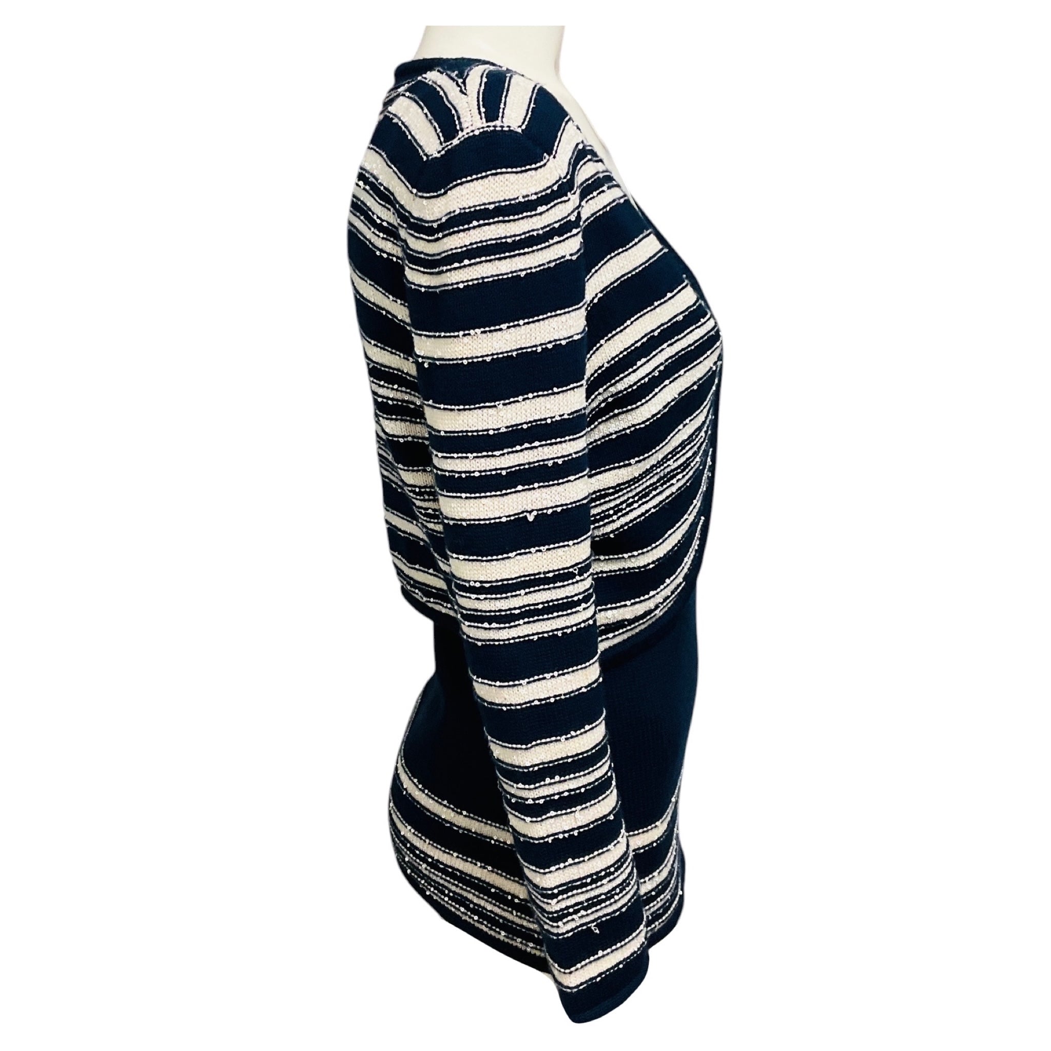 Carolina Herrera Navy Blue / Ivory Sequined Wool and Silk Knit Cardigan and Tank Top Set