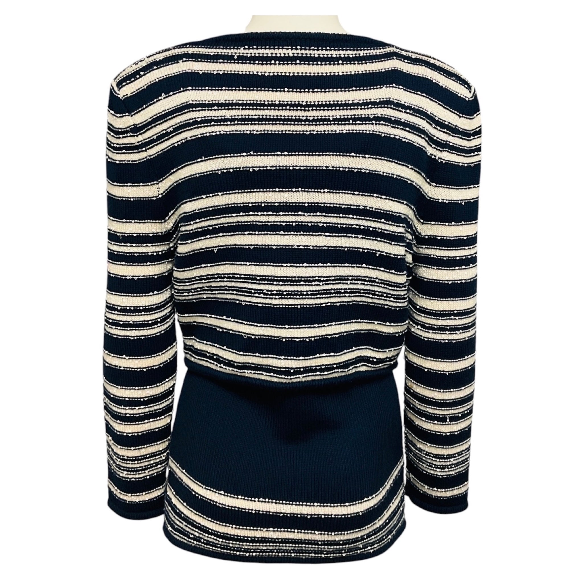 Carolina Herrera Navy Blue / Ivory Sequined Wool and Silk Knit Cardigan and Tank Top Set