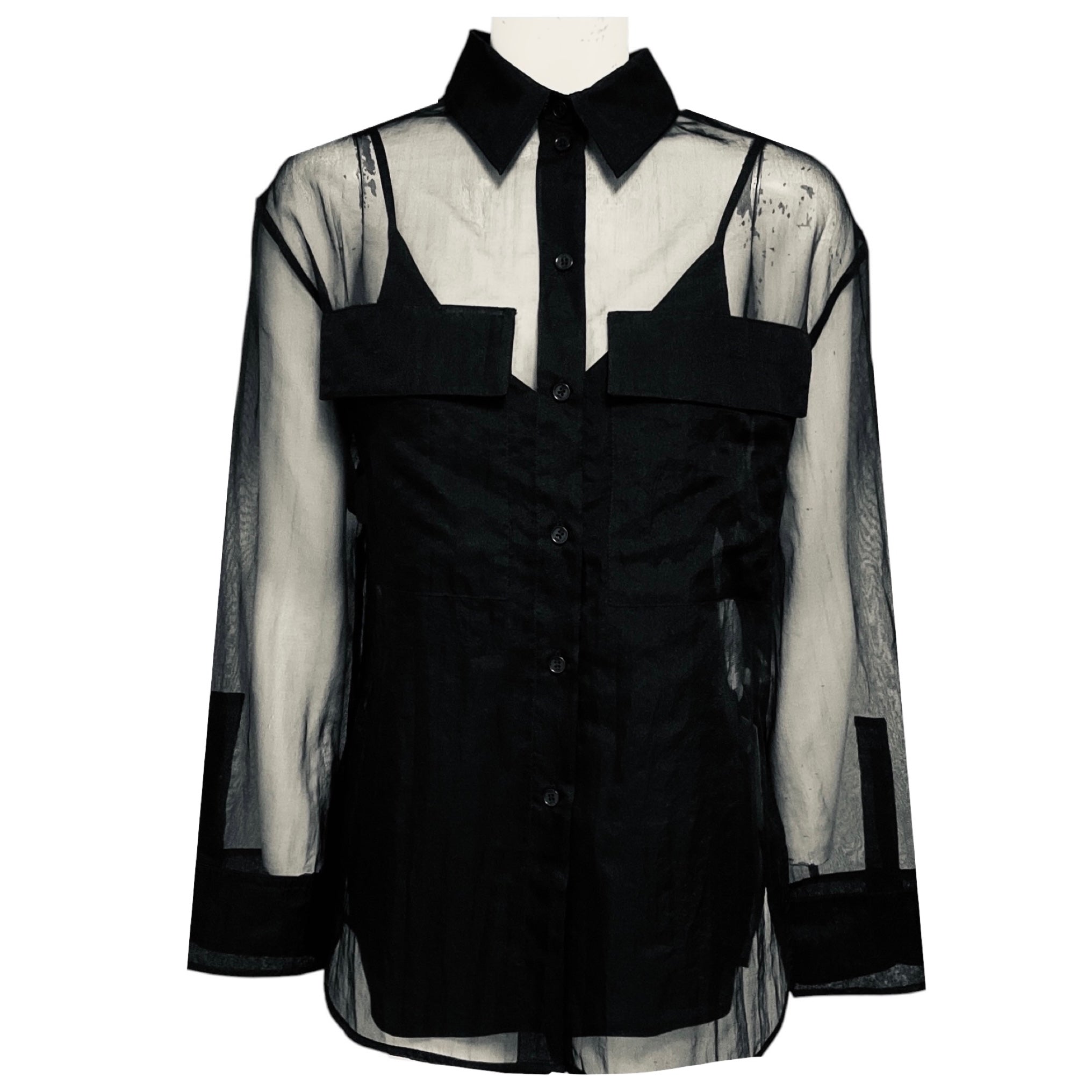 Maria Cher Black Sheer Long Sleeved Button Front Kay Shirt / Blouse