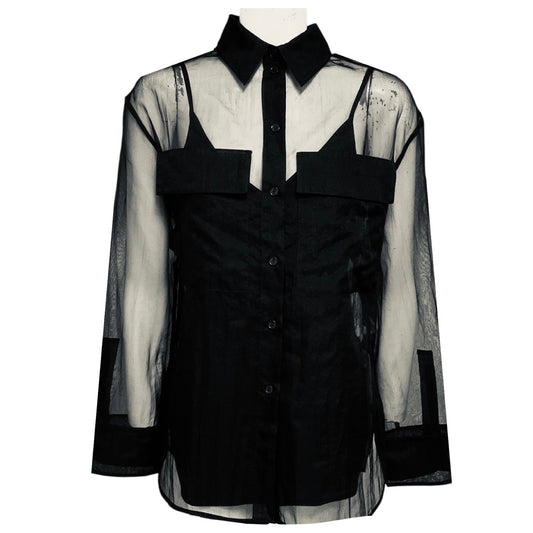 Maria Cher Black Sheer Long Sleeved Button Front Kay Shirt / Blouse