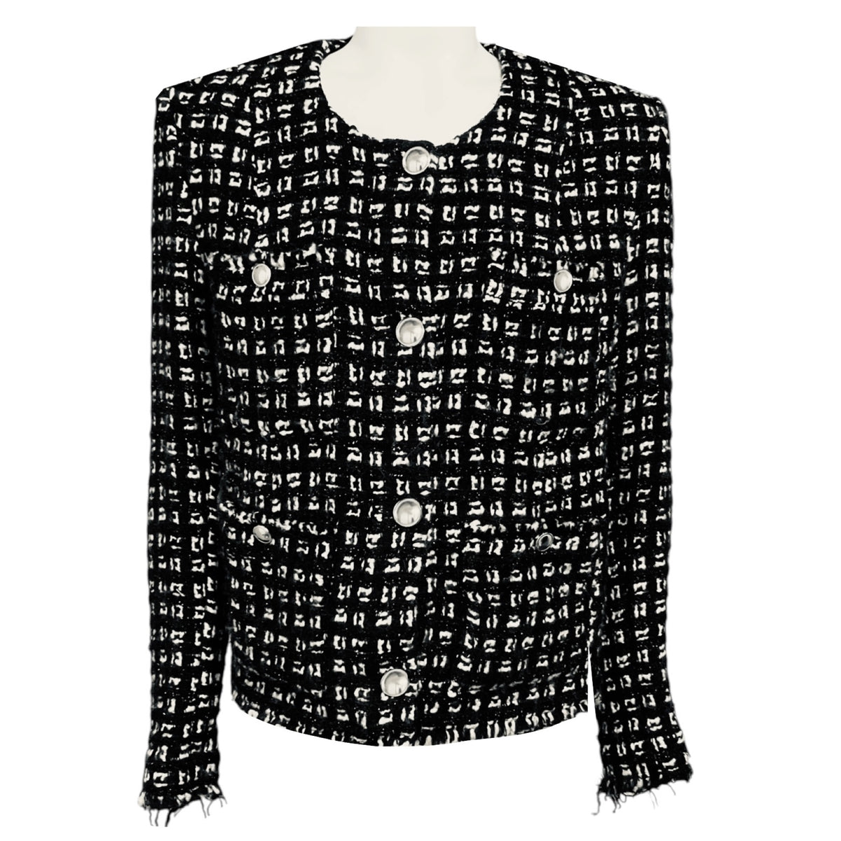 Iro Black / White Tetys Tweed Jacket with Frayed Trim
