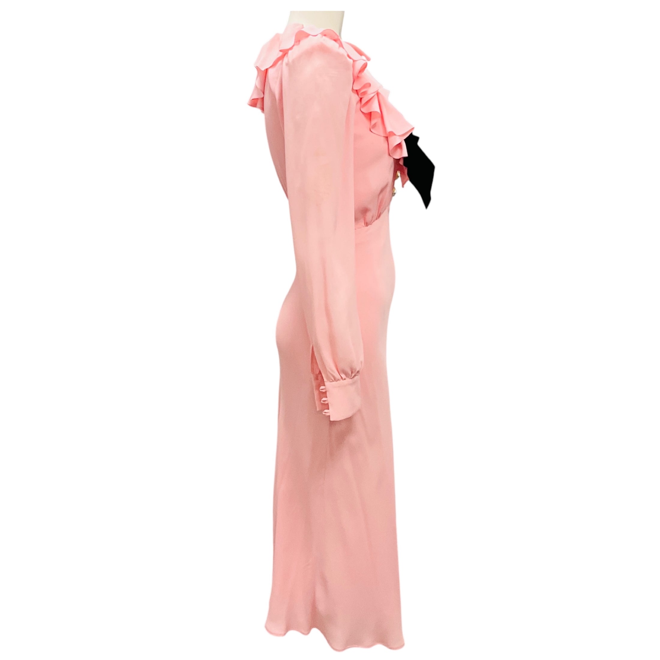 Alessandra Rich Pink Ruffle Neck Vollant Collar Silk Midi Dress