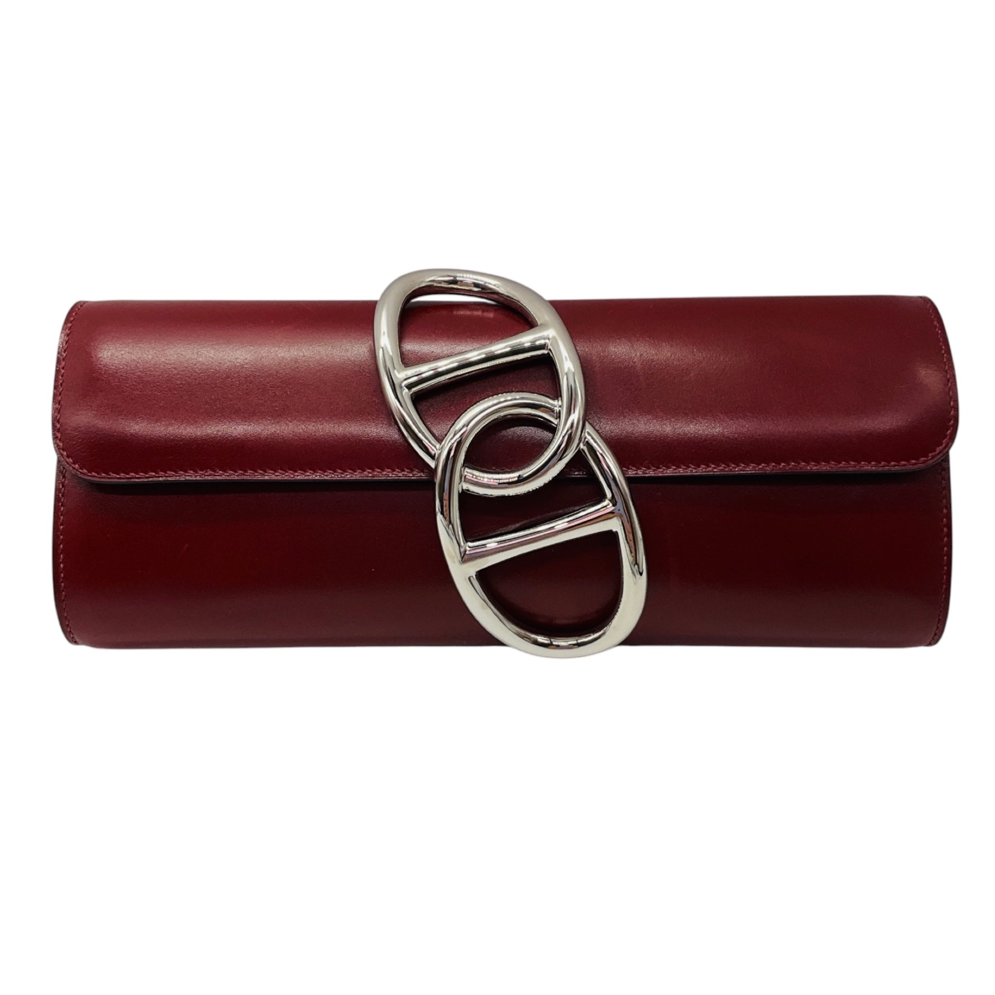 Hermes Red Leather Box Egee Clutch with Silver Chaine d'Ancre Closure