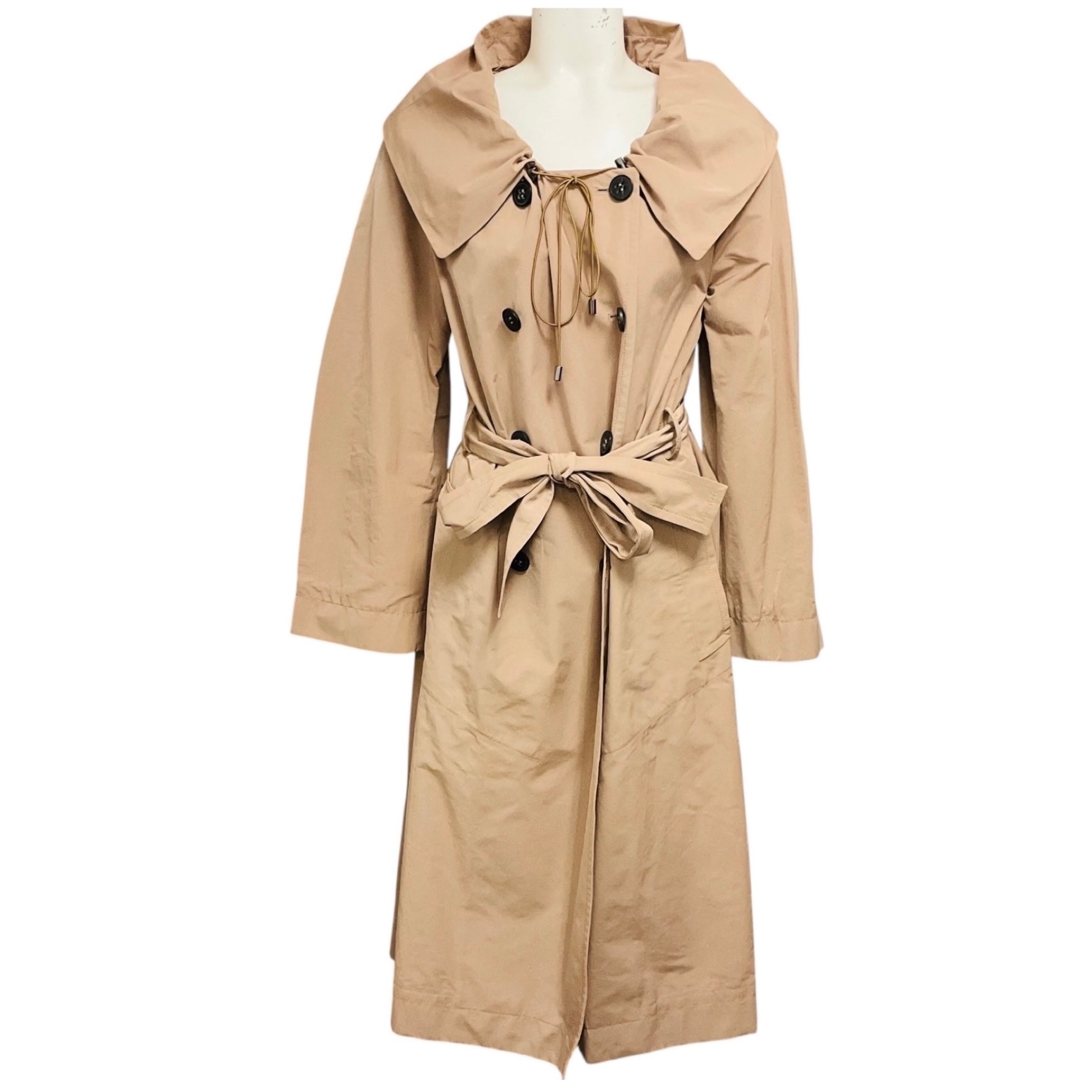 Mantu Beige Double Breasted Taffeta Trench Coat with Belt